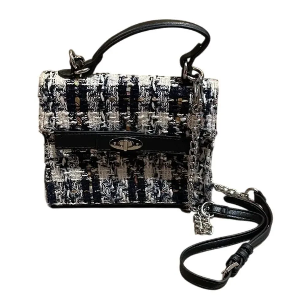 Madden NYC Black Plaid Boucle Boxy Top Handle Bag with Crossbody Strap - Picture 1 of 12